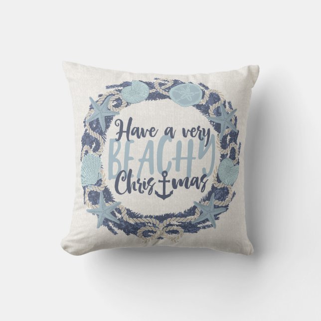 Christmas Coastal Tropical Sea Shell Wreath -Blue Outdoor Pillow (Front)