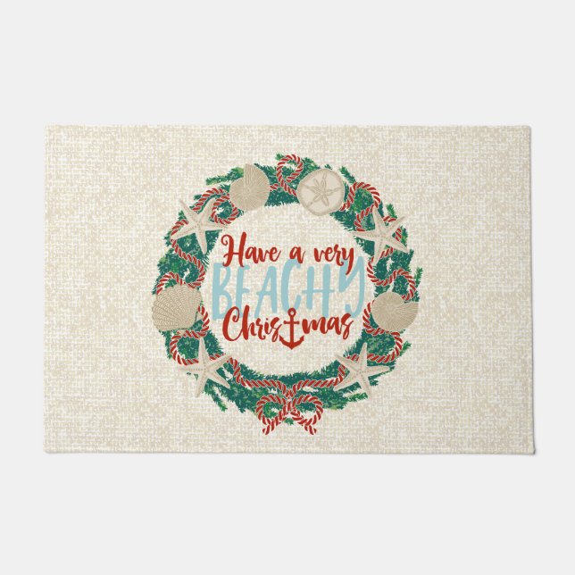 Christmas Coastal Tropical Sea Shell Wreath -Red Doormat (Front)