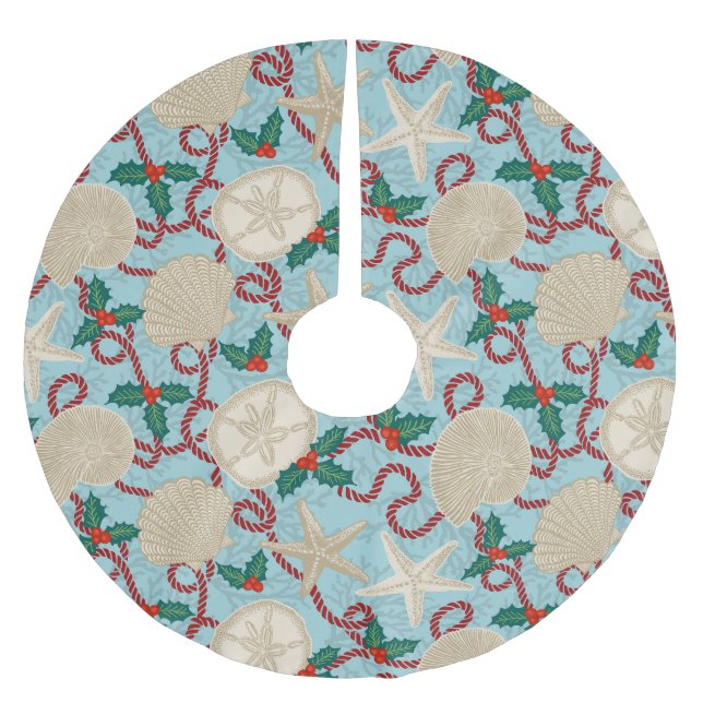 Christmas Coastal Tropical Sea Shells - Aqua Brushed Polyester Tree Skirt (Front)