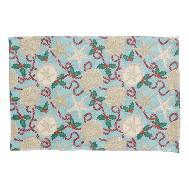 Christmas Coastal Tropical Sea Shells - Aqua Pillow Case (Front)