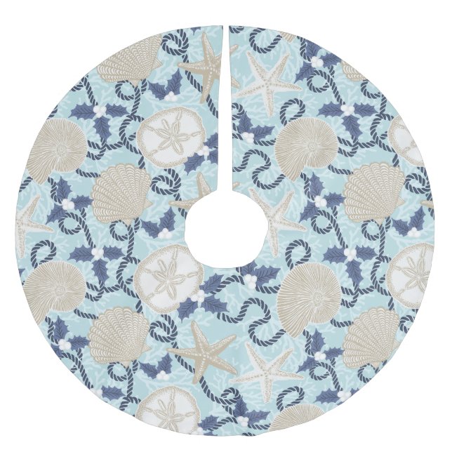 Christmas Coastal Tropical Sea Shells - Blue Brushed Polyester Tree Skirt (Front)