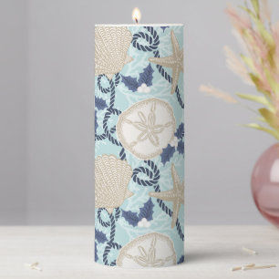 Christmas Coastal Tropical Sea Shells -Blue Pillar Candle