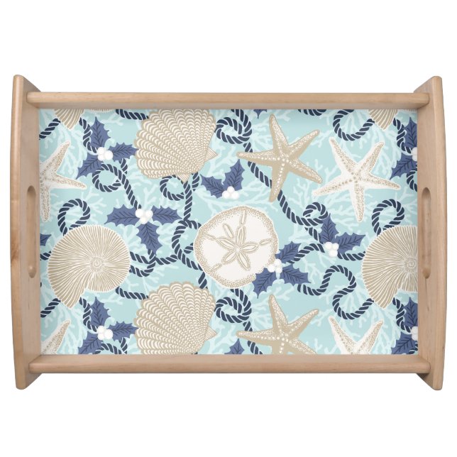 Christmas Coastal Tropical Sea Shells - Blue Serving Tray (Front)