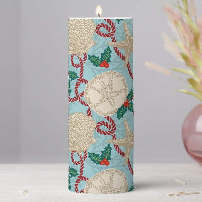 Christmas Coastal Tropical Sea Shells -Red  Pillar Candle (In Situ)
