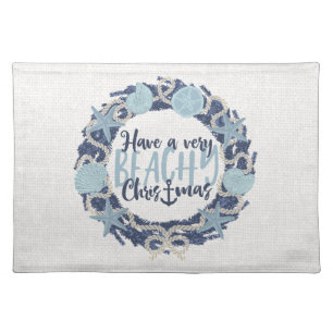 Christmas Coastal Tropical Sea Shells Wreath -Blue Cloth Placemat