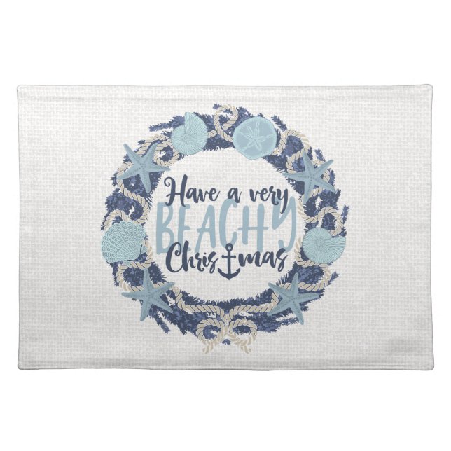 Christmas Coastal Tropical Sea Shells Wreath -Blue Cloth Placemat (Front)