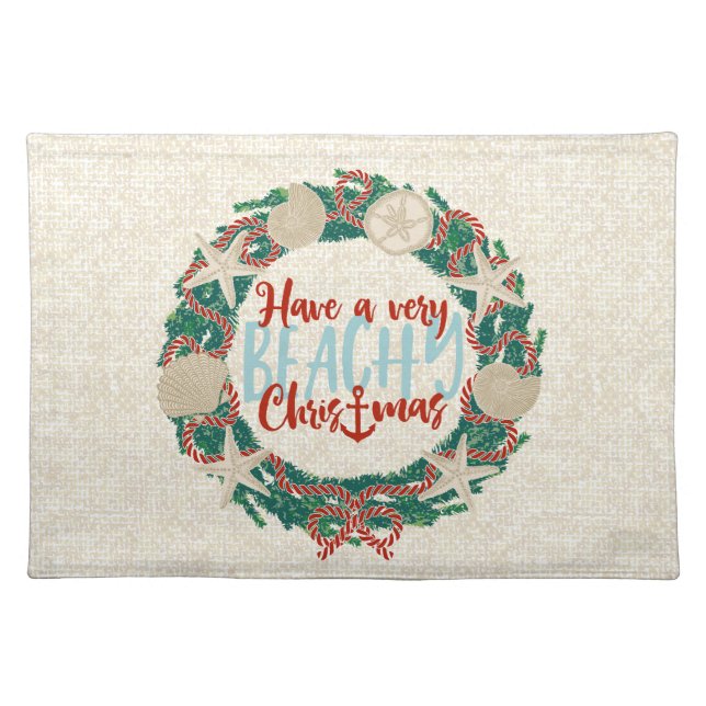 Christmas Coastal Tropical Sea Shells Wreath -Red Cloth Placemat (Front)