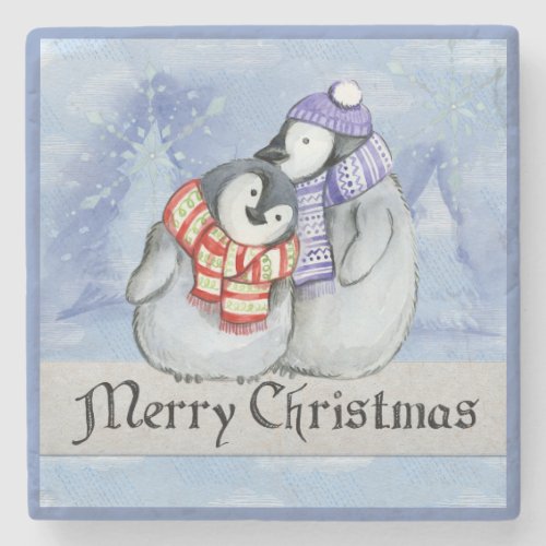 CHRISTMAS COASTER PENGUINS SCARF AND HAT STONE COASTER