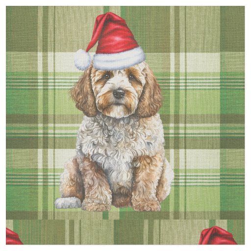 Christmas Cockapoo Dog and Green Plaid Holiday Fabric