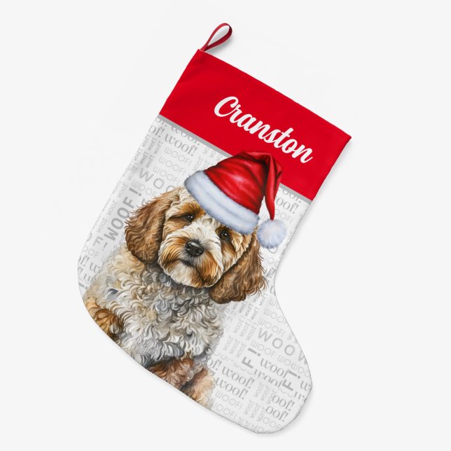 Christmas Cockapoo Santa with Dog's Name Large Christmas Stocking (Front (Hanging))