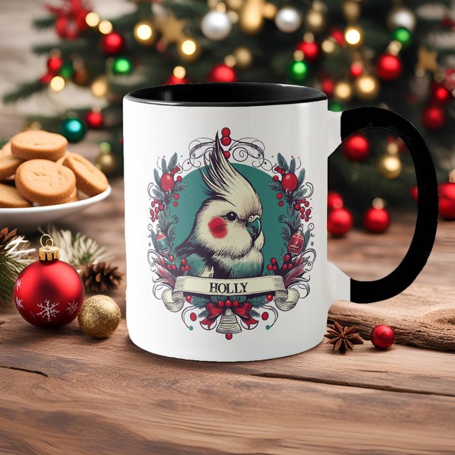 Christmas Cockatiel Vintage Illustration Bird Name Mug (Personalized Christmas Cockatiel coffee mug with pet bird's name and festive wreath in vintage style)