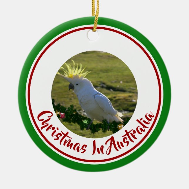 Christmas Cockatoo on Decorated Pine Branch Ceramic Ornament (Front)
