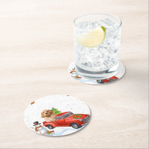 Christmas Cocker Spaniel Dog Funny Xmas Truck Dog Round Paper Coaster