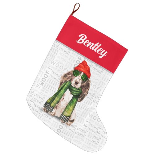 Christmas Cocker Spaniel with Dogs Name Large Christmas Stocking