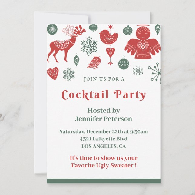 Christmas Cocktail Beautiful Nordic Pattern Green Invitation (Front)