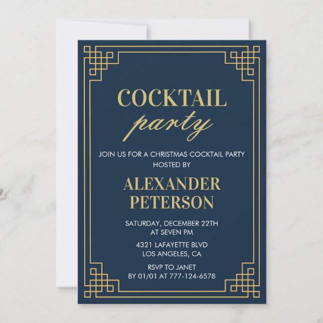 Christmas Cocktail Party Dinner Navy Gold Invitation (Front)