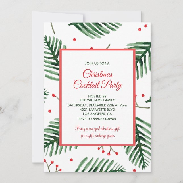 Christmas Cocktail Party Elegant Evergreen Invitation (Front)