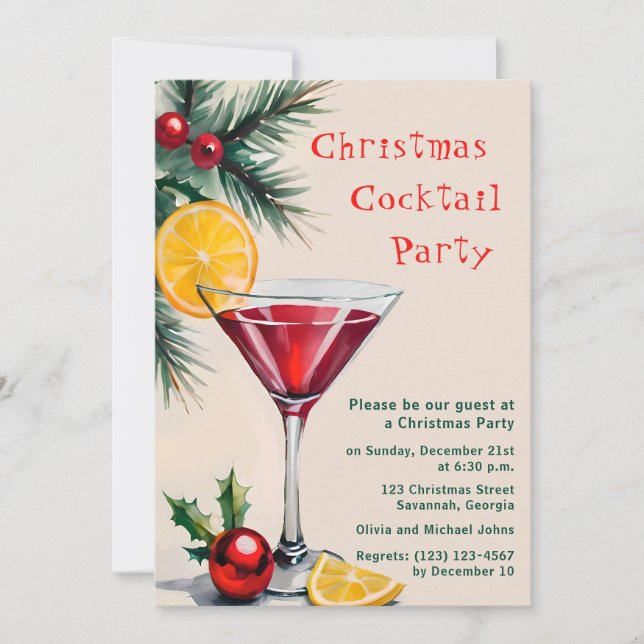 Christmas cocktail party invitation Watercolor (Front)