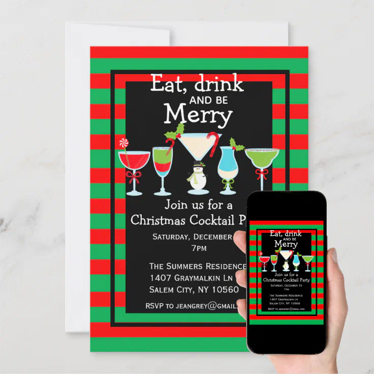 Christmas Cocktail Party Stripes Red Green Invitation | Zazzle