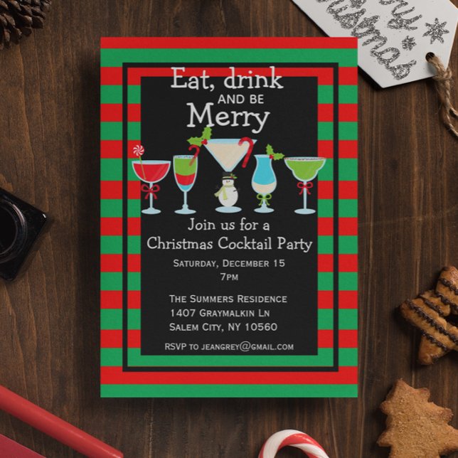Christmas Cocktail Party  Stripes Red Green Invitation (Creator Uploaded)