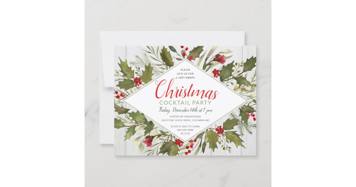 Christmas Cocktail Party Watercolor Vintage Holly Invitation | Zazzle