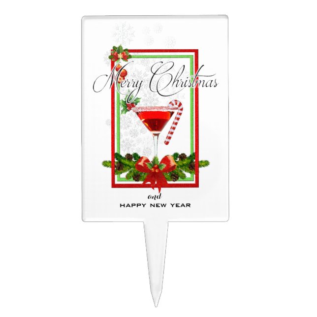Christmas Cocktail Watercolor Art Cake Topper (Front)