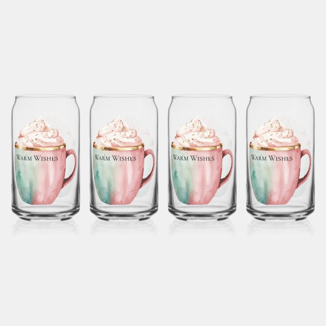 Christmas Cocoa Gold Blush Pink Mint Warm Wishes Can Glass (Front)