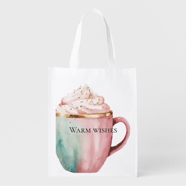 Christmas Cocoa Gold Blush Pink Mint Warm Wishes Grocery Bag (Front)