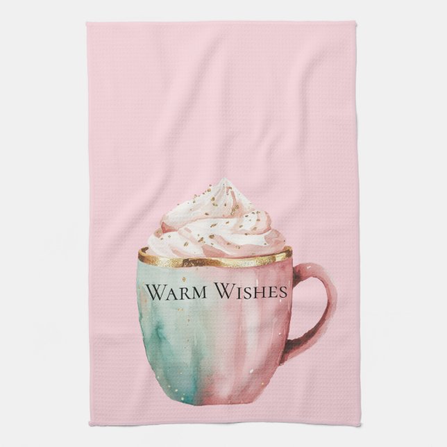 Christmas Cocoa Gold Blush Pink Mint Warm Wishes Kitchen Towel (Vertical)