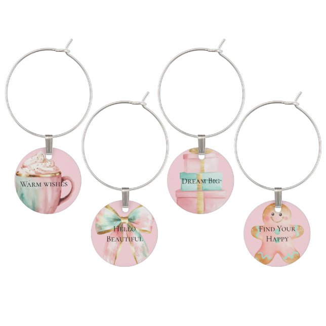 Christmas Cocoa Gold Blush Pink Mint Warm Wishes Wine Charm (Staggered)