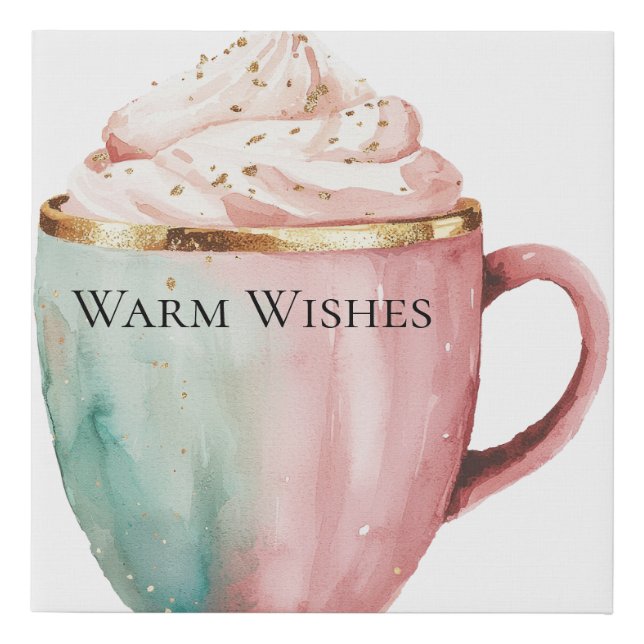Christmas Cocoa Gold Pink Mint Warm Wishes Faux Canvas Print (Front)