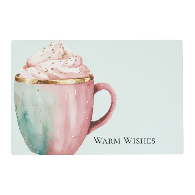 Christmas Cocoa Gold Pink Mint Warm Wishes Placemat (Front)