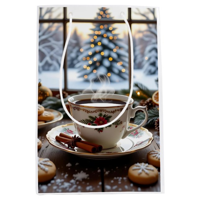 Christmas Coffee and Cookies Winter Window Scene Medium Gift Bag (Front)