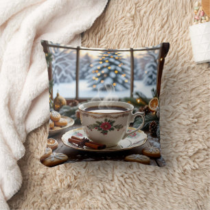 Christmas Coffee and Cookies Winter Window Scene Throw Pillow