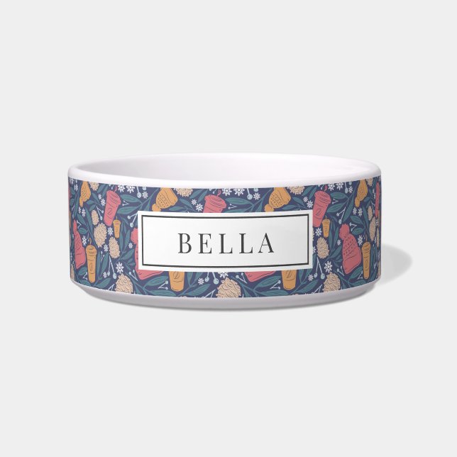 Christmas Coffee Beanie Pattern Holiday Name Pet Bowl (Front)