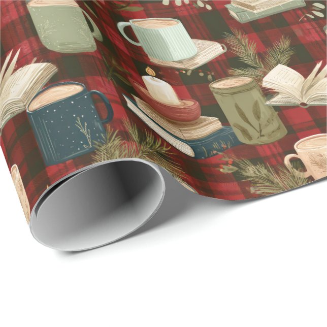 Christmas Coffee Cups Books Candles Rad Plaid  Wrapping Paper (Roll Corner)