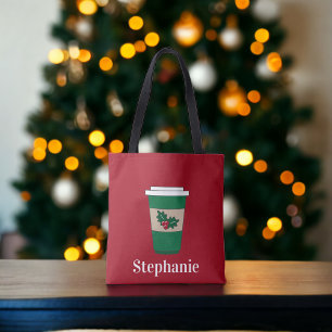 Christmas Coffee Holly Personalized Tote Bag