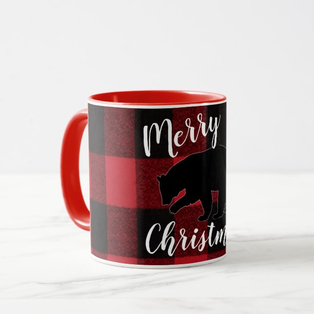 Christmas Coffee Mug Red Plaid Black Bear (Front Left)