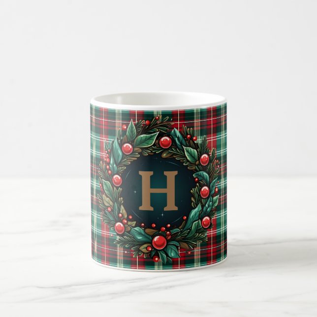 Christmas Coffee Plaid Gold Monogram Mug (Center)