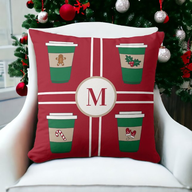 Christmas Coffee Red Monogram Red Throw Pillow (Creator Uploaded)