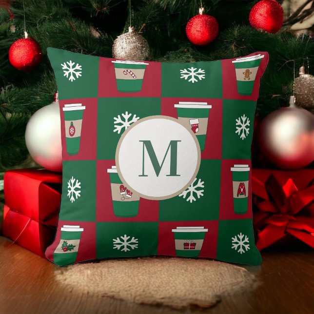 Christmas Coffees Snowflakes Holiday Monogram Throw Pillow (Creator Uploaded)