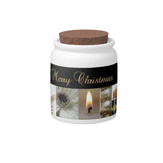Christmas Collage Black, White and Gold Candy Jar (Front)