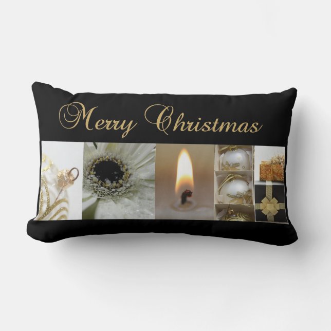 Christmas Collage Black, White and Gold Lumbar Pillow (Front)