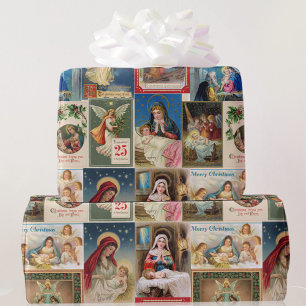 Christmas Collage of Antique Postcards Jesus Angel Wrapping Paper
