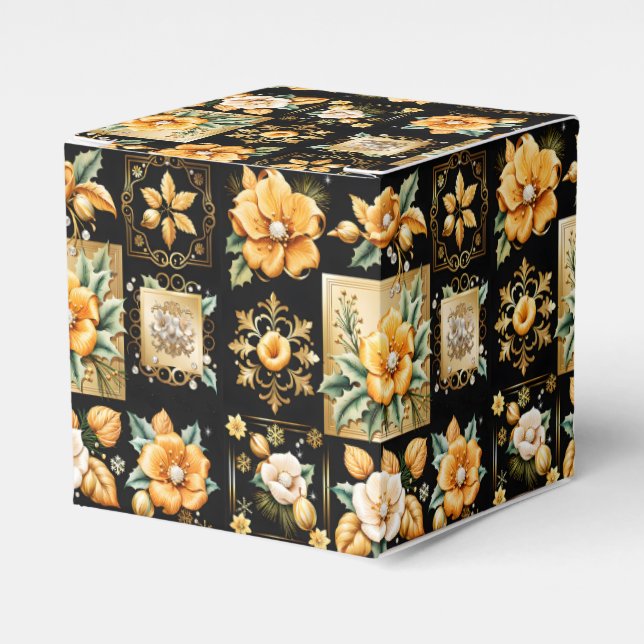 Christmas Collage with Gold and White Flowers Favor Boxes (Front Side)