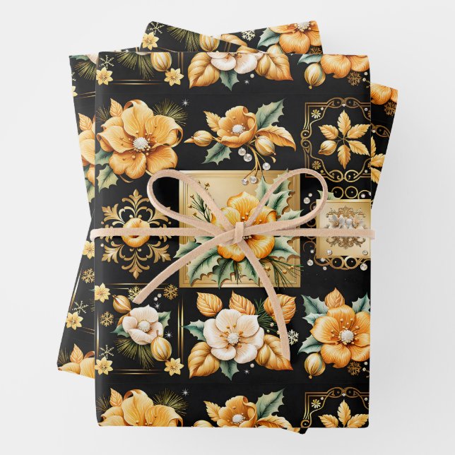 Christmas Collage with Gold and White Flowers Wrapping Paper Sheets (In situ)