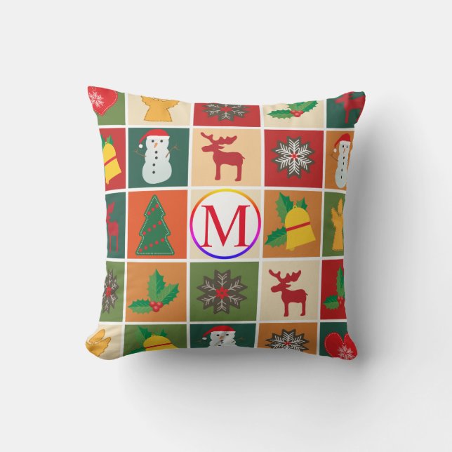 Christmas Collage with Monogram Throw Pillow (Front)