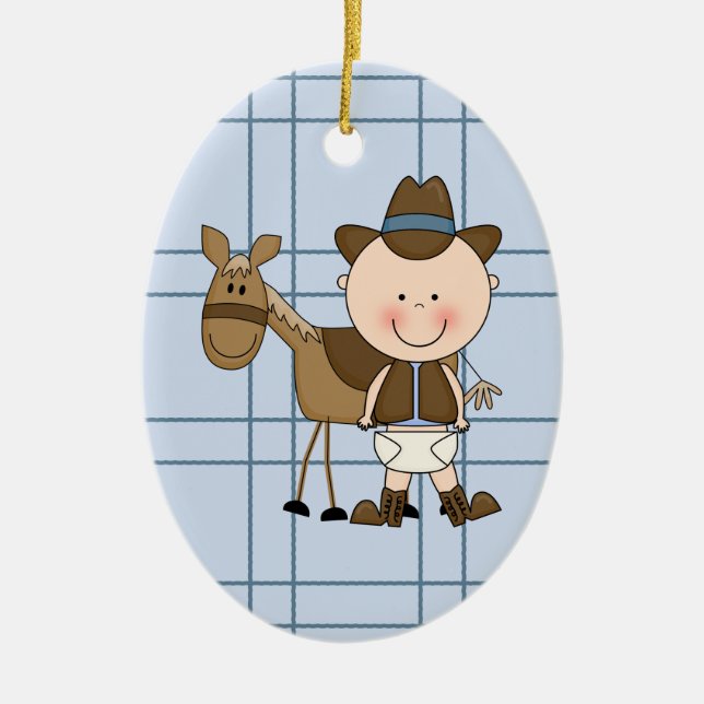 Christmas Collection Baby Cowboy Horse Ceramic Ornament (Front)