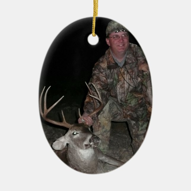 Christmas Collection Deer Hunt Add Photo Text Ceramic Ornament (Front)