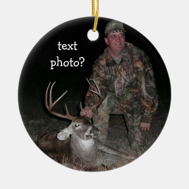 Christmas Collection Deer Hunter Add Photo Ceramic Ornament (Front)